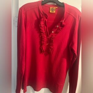 Tory Burch Vibrant Red Ruffle Long Sleeve Blouse XL